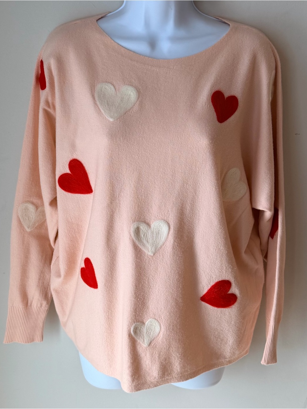 Women's Cream-Pink Heart Pattern Pullover Sweater Romantic Coquette Super Soft